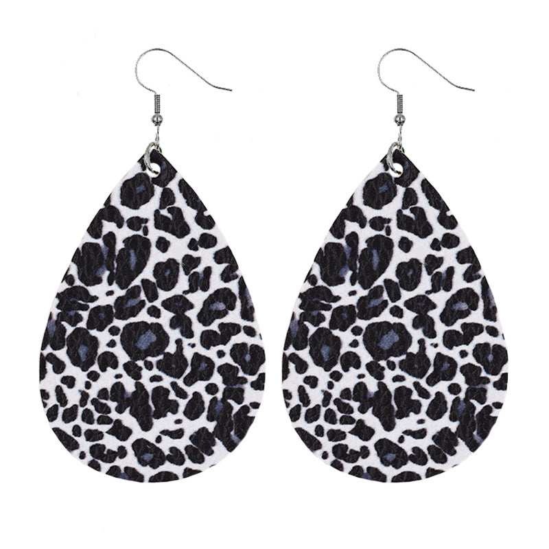 Leather Earrings With Drop-shaped Leopard Print On Both Sides