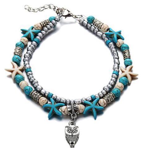 Minimalist Starfish with Green & Blue Accents Beaded Anklet