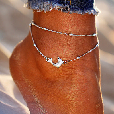 Double-Layer Silver Bead With Dolphin Anklet