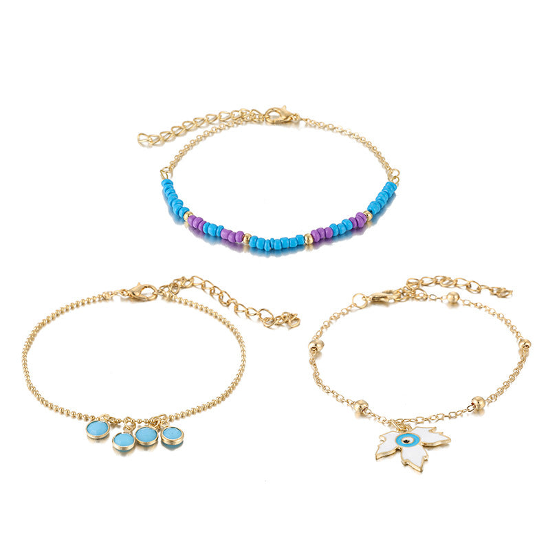 Emotional Rice Beads Leaf Eye Anklet 3-Piece Set