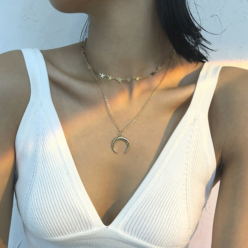 Necklace Women's Personality And Creativity Crescent Double Layer New Clavicle Chain