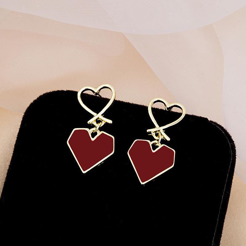 S925 Silver Needle Wine Red Heart Love Stud Earrings