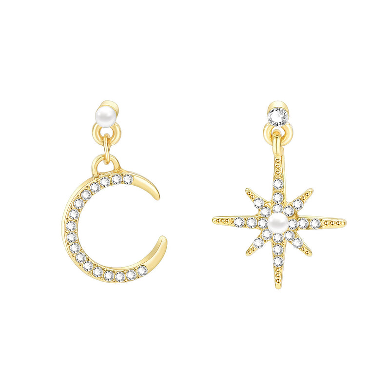 Eight-pointed Star Star And Moon Full Diamond Asymmetric Earrings