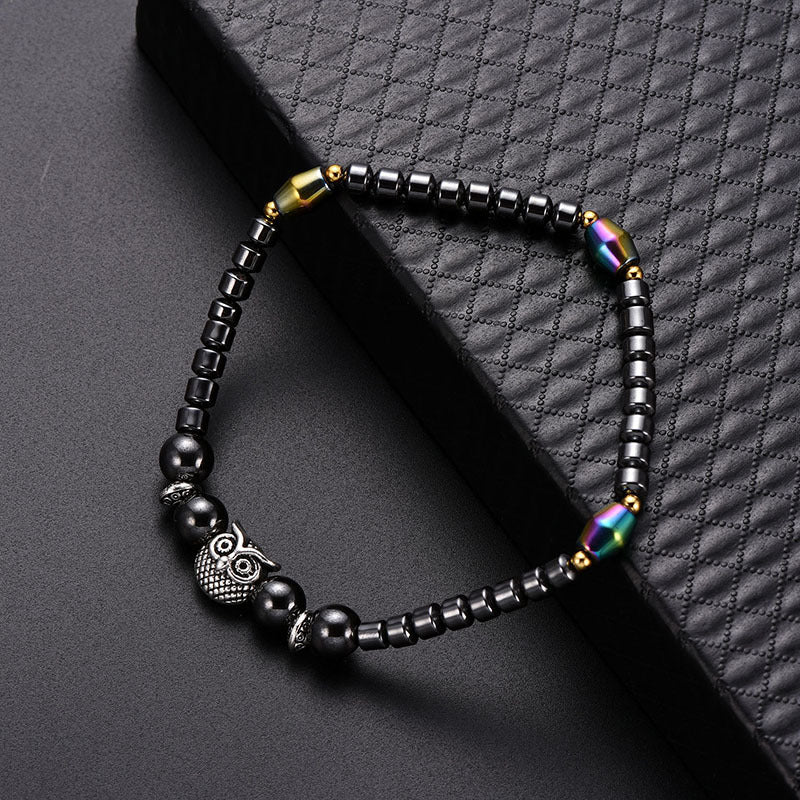 Magnetic Hematite Electroplated AB Color Round Bead Owl Anklet